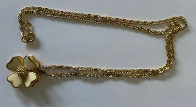 16  Gold Plated Necklace W/ Enamelled DOGWOOD Four Leaf Clover Pendant GRAFF? • $22.49
