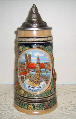 Vintage German Stein Munchen Marienplatz Hand Painted Relief Pewter Lid 9  Tall • $19.99