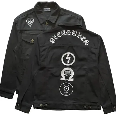 MARILYN MANSON X PLEASURES Trucker Denim Jacket Black Embroidered Men's Large • $59.95