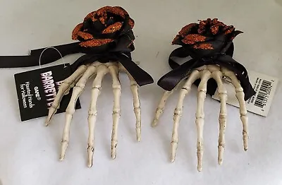 Pair Of Skeleton Hands Halloween Hair Clips Orange Glitter Rose Barrette New • $14.99