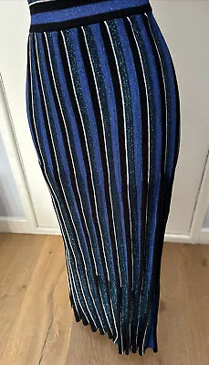 Zara Knit Blue Black Metallic Silver Sparkling Sparkle Skirt Long Maxi Striped L • £9