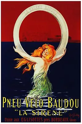 7557.Pneu Velo Baudou.la Sirene.mermaid Holding Ring.POSTER.House Art Wall Decor • $60
