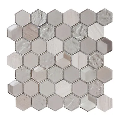 Hexagon Gray White OakMarble Stone Metallic Gray Glass Mosaic Tile Backsplash • $3.99