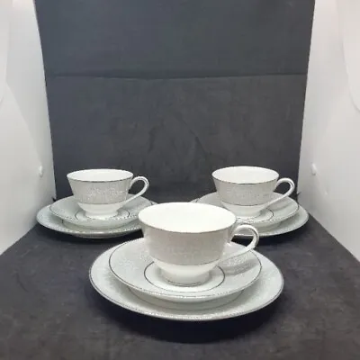 3 Vintage Noritake Damask Tea Cup Trio Sets Japan Pattern #5698 Fine China Grey  • $32