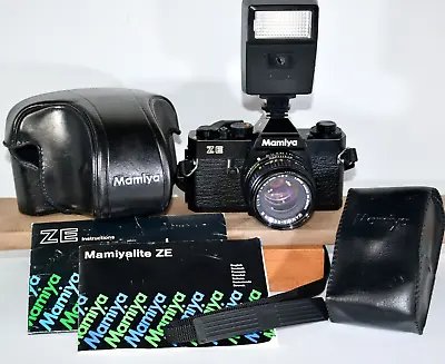 Mamiya ZE 35mm Film SLR Camera + Flash Batteries Cases - WORKING - XLNT! • $79.99