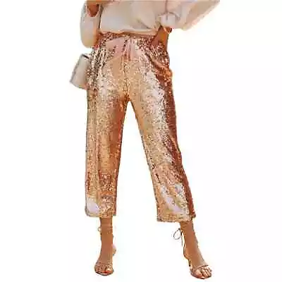 SEQUIN Pocketed Elastic Waist Crop Straight Leg Pants Pull On Lined Women’s Sz S • $27.99