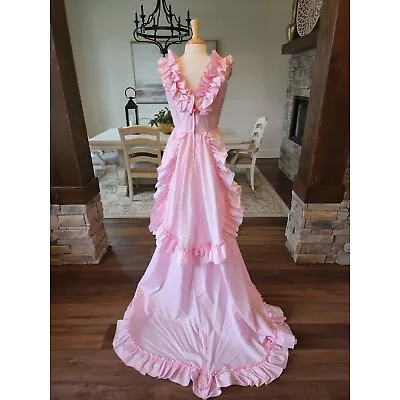 Vintage 70s 80s ILGWU Pink Ruffle Bow Formal Prom Gown Maxi Dress • $225.62