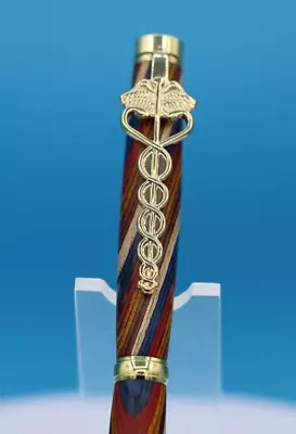 Medical Symbol Caduceus 24kt Gold Plated Pen Clip  Multicolor Wood Ballpoint Pen • $15.95