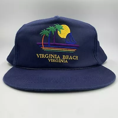 Vintage Sunsations Virginia Beach Hat SnapBack Blue Rope Metal Eyelets Palm Tree • $13.97