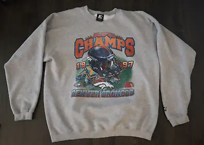 Vintage Denver Broncos 90s AFC Champs Starter Crewneck Sweatshirt XXL 1997 • $24.99
