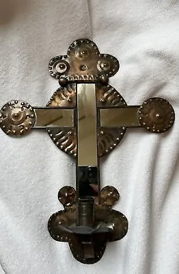 Tin Cross Candle Holder Mexico Hammered Metal Copper Rustic Folk Art Religious • $33