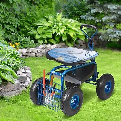 Rolling Garden Cart Blue W/ Seat And Wheels Extendable Steer Handle For Planting • $74.99