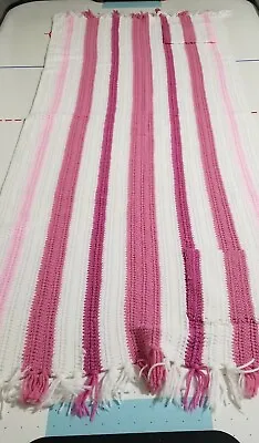 Handmade Pink White Afghan Fringed Poncho Blanket Sweater Wrap Shawl 62 × 26 • $42.74