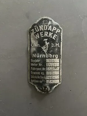ZUNDAPP KS601 1951 Identification Tag Plate Original Germany • $69