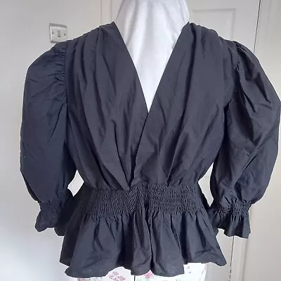 Zara New Black Cotton Blouse Size L V Neck Puff Sleeves. Smocking Peplum. • £9.50