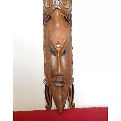 African Wood Mask Inlaid Abalone Mother Of Pearl Seashell Large Unique Rare • $250