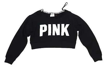 New Victoria's Secret PINK Logo Slouchy Cropped Pullover Sweater Black S - L • $16.47