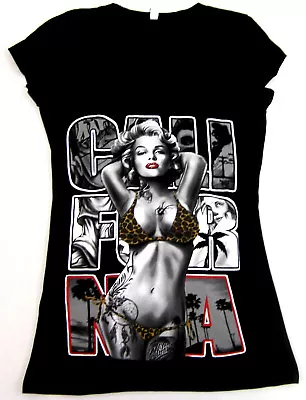 MARILYN MONROE V-Neck T-shirt California Tattoo Tee JUNIORS Black New • $11.69