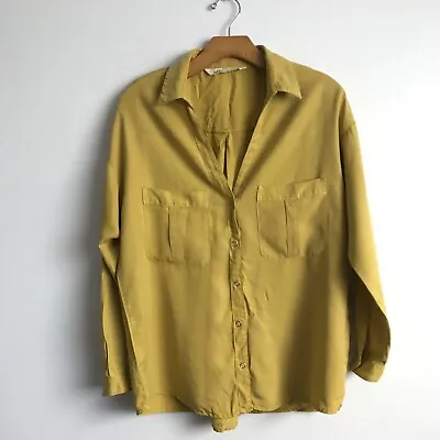 Zara Chambray Shirt M Yellow Safari Long Sleeve Collar V Neck Button Safari Top • $10