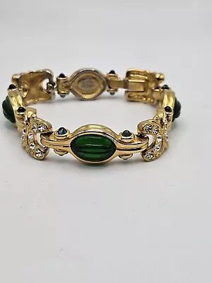 Nolan Miller Gold Tone Clear Crystals Green Glass Link Bracelet • $84