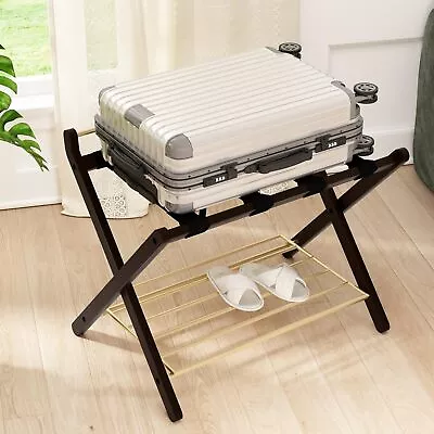 HLR Bamboo Luggage Rack For Guest Room Folding Suitcase Stand With Metal She... • $42.96
