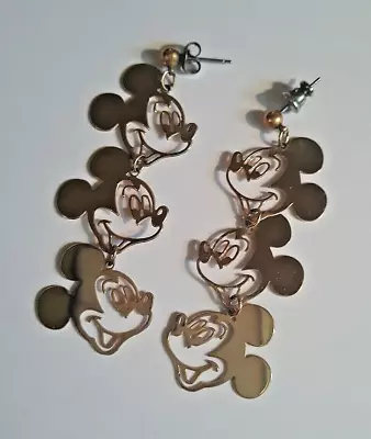 Disney Triple Mickey Mouse Head Gold Tone Pierced Drop Earrings Vintage • $29.95