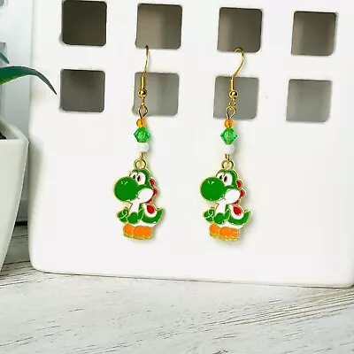 SUPER MARIO BROS Yoshi Handmade Beaded Dangle Earrings 925 Hypoallergenic • $5.95