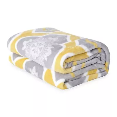 Microfiber Gray Yellow Moroccan Pattern Flannel Throw Blanket Knitted Border • $37.79