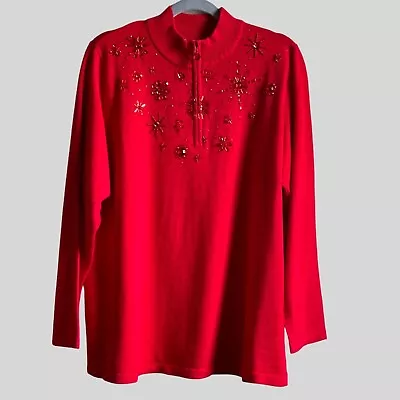 Quacker Factory Sweater Rhinestone Beaded Snowflakes 1/4 Zipper Red Womens Sz 1X • $29.94