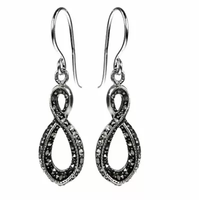 Marcasite Drop Earrings Solid Sterling Silver Cubic Zirconia Infinity. Gift Box. • £24.99