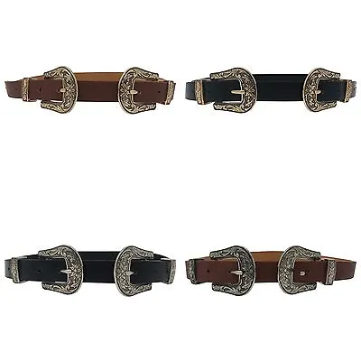 £6.99 • Buy Womens Double Buckle Thick Quality Faux Leather Western Belt Ladies Waist Band