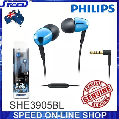 PHILIPS SHE3905BL Earphones With Mic - Rich Bass - BLUE - GENUINE • $45