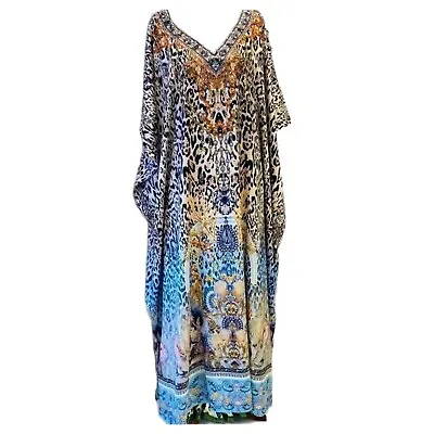 New Embellished Long SILK Blend Kaftan/ Resort Wear Soft And Flowy V Neck • $75