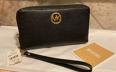 MICHAEL KORS Fulton Pebbled Leather Smartphone Wristlet 38H9CFTE3L Blk MSRP $128 • $69.99