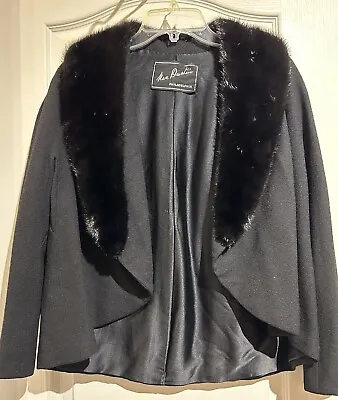 VINTAGE 1940s NAN DUSKIN Black Crepe Wool MINK Capelet Opera Bolero Stole L • $139.90