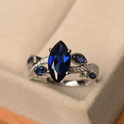 2Ct Marquise Cut Lab Created Blue Sapphire Engagement Ring 14k White Gold Plated • $88.39
