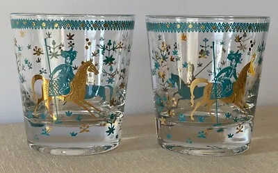 Vintage CERA Persian Polo Riders Barware 5 Oz. Bourbon Whiskey Glasses Set 2 MCM • $24.95
