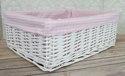£17.99 • Buy White Wicker Basket & PINK GINGHAM Liner - Nursery Storage Baby Gift Hamper 41cm