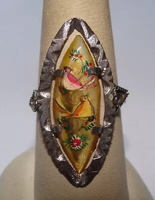 Vintage Middle Eastern Silver Mother Of Pearl Painted Birds Ring 8.25 • $64.99