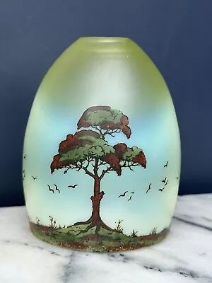 Antique Art Deco Vaseline Uranium Glass Light Shade Painted With Trees & Birds • £11.50