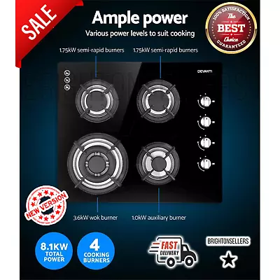 Devanti Gas Cooktop 60cm 4 Burner Glass Cook Top NG LPG Cooker Stove Hob - Black • $286.90