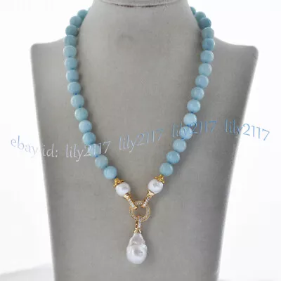 Natural Blue Aquamarine Gems Beaded White Keshi Baroque Pearl Pendant Necklace • $11.59