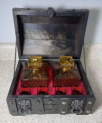 VINTAGE ANTIQUE RARE Wooden Pirate Treasure Chest DECANTER / LIQUOR Set JAPAN • $74.87