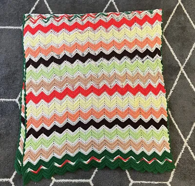 Crocheted Afghan Blanket Throw Chevron Pattern Vintage Christmas Red Green Mint • $19.99