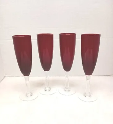 $24 • Buy Vintage Set Of 4  Hand Blown Glass Ruby Red & Clear Champagne Flutes 6 Oz