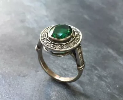 Art Deco Green Emerald Lab Created Diamond Antique Anniversary Ring 925 Silver • $117