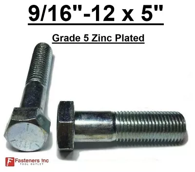 9/16-12 X 5  Hex Bolt Zinc Plated Grade 5 Cap Screw Coarse Partial Thread • $9.62