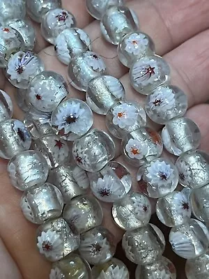 10in Strand Vintage Millefiori Silver Foil  Glass Beads  White Red • $16.50