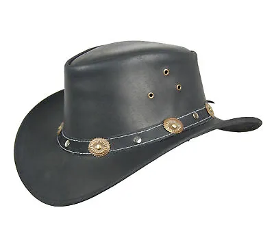 £19.45 • Buy Australian Western Style Real Leather Bush Hat Black With Leather Concho Band