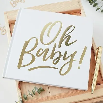 OH BABY GUEST BOOK Shower Party White Gold Foiled Hardback Memories 32 Pages • £13.95